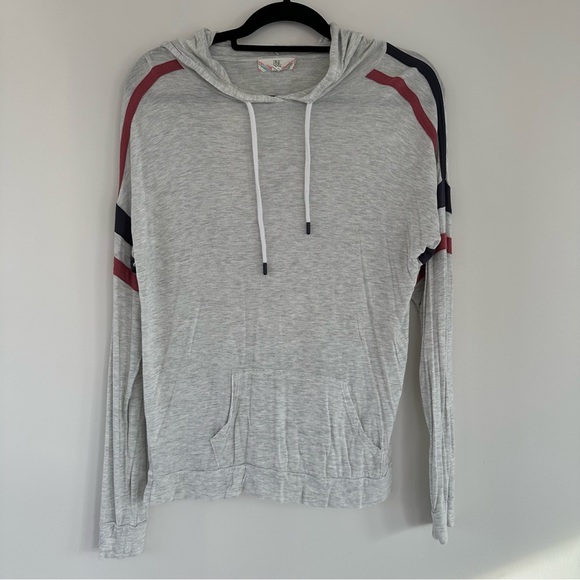 Pink Rose Grey Striped with Pink and Navy Small Hoodie Light Sweater - Picture 1 of 4